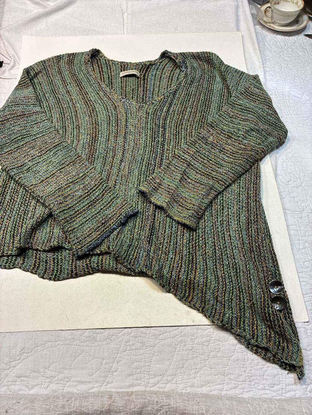 Georgina Estefania Dallas Multi-Colored Asymmetric Knit Sweater with Button Deta